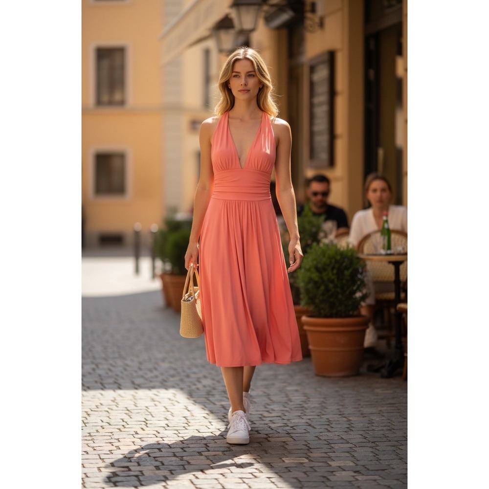 Vintage‎ il loui Coral Pink Romantic Deep V-Neck Ruched Midi Dress Made in USA